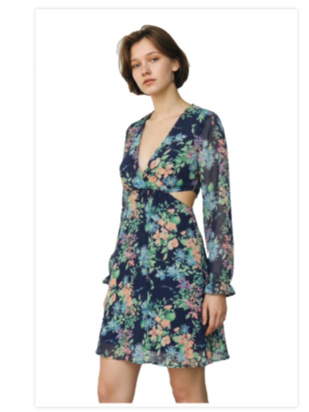 Rachael & Chloe Womens L Floral Mini Dress Plunge V Neck Cutout Bell Sleeve